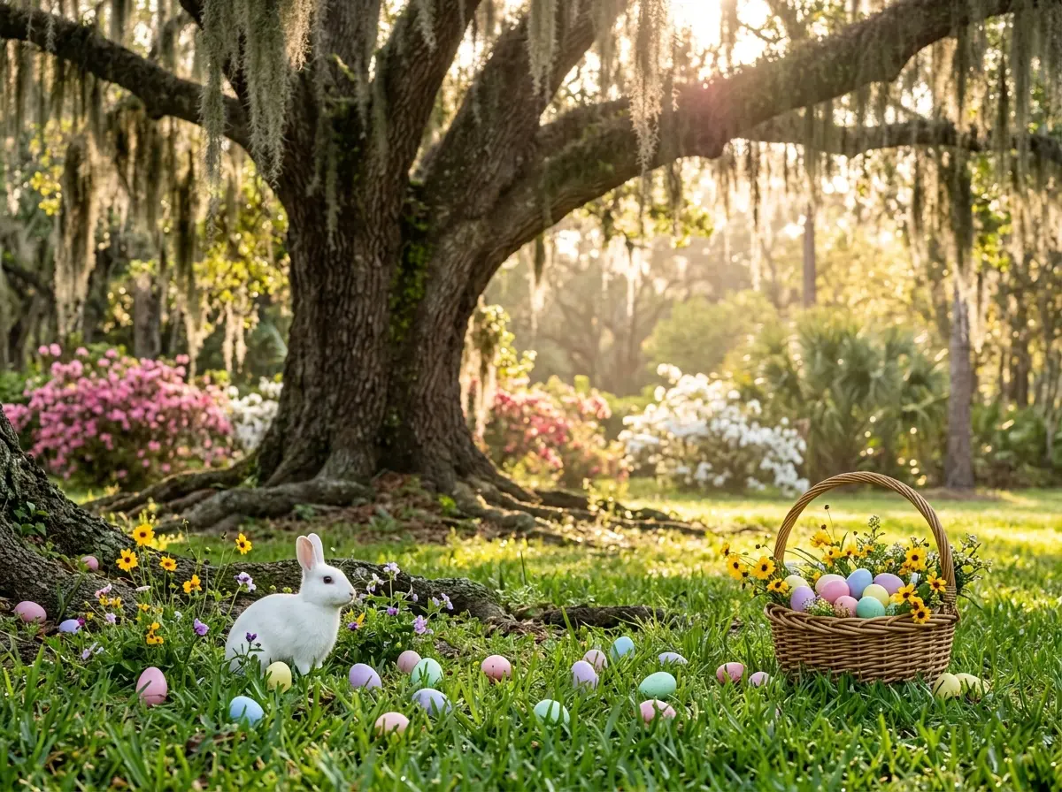 Easter eggs and white bunny under Spanish moss-draped oak trees in central Florida