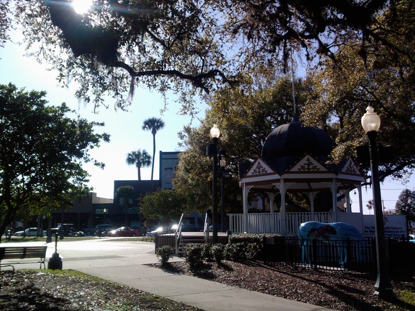 The gazebo and a painted horse sculpture on the downtown square in Ocala, Florida