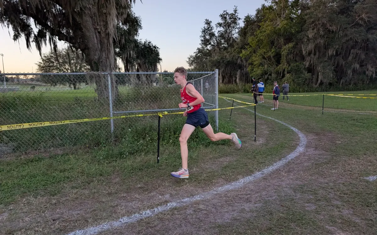 Vanguard sophomore Christopher Taylor leading the boys' race at the 2026 Marion Athletic Conference cross country championships at Belleview High School