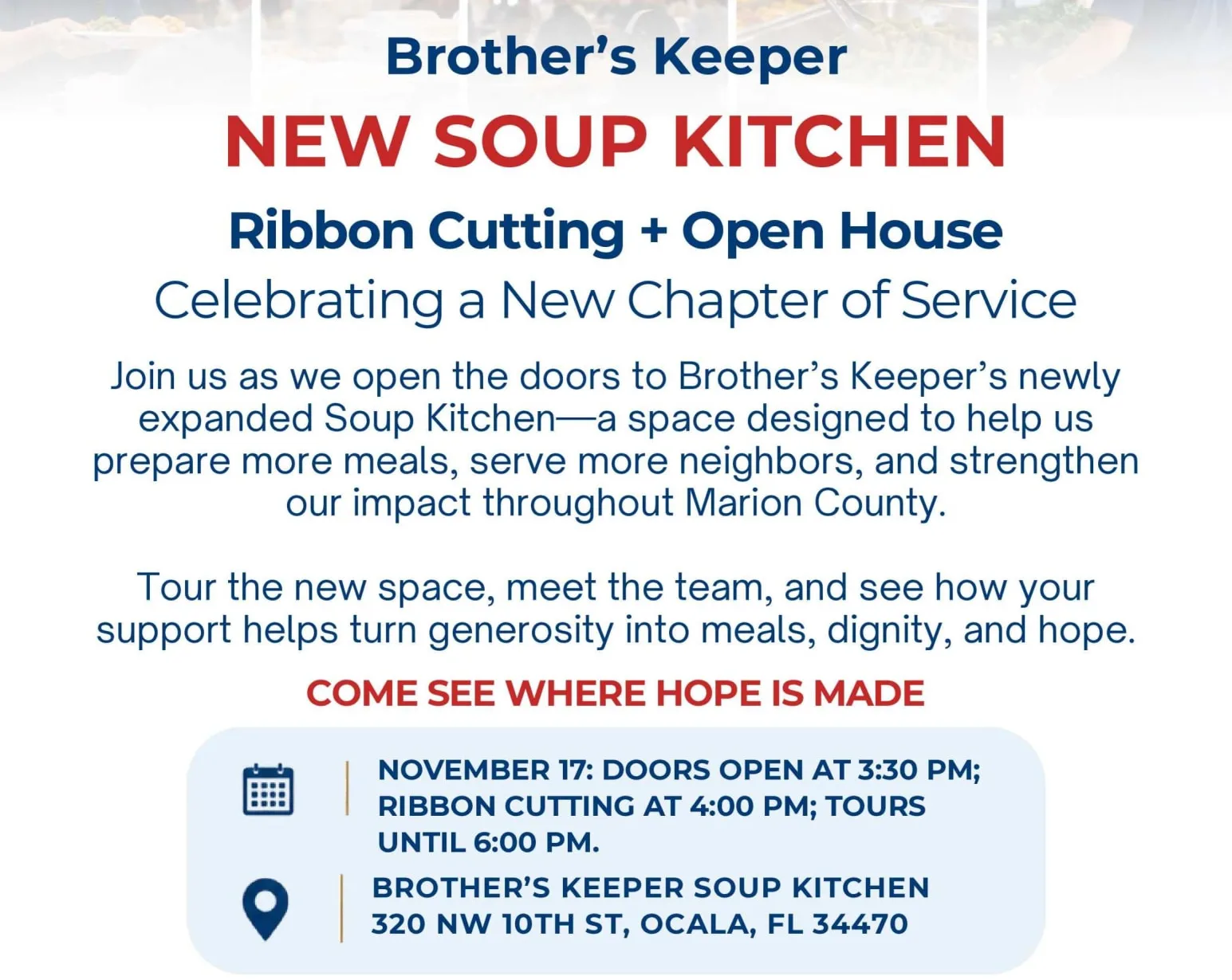 Brother's Keeper Opens Its Expanded Soup Kitchen With a Ribbon Cutting and Open House Nov. 17 in Ocala