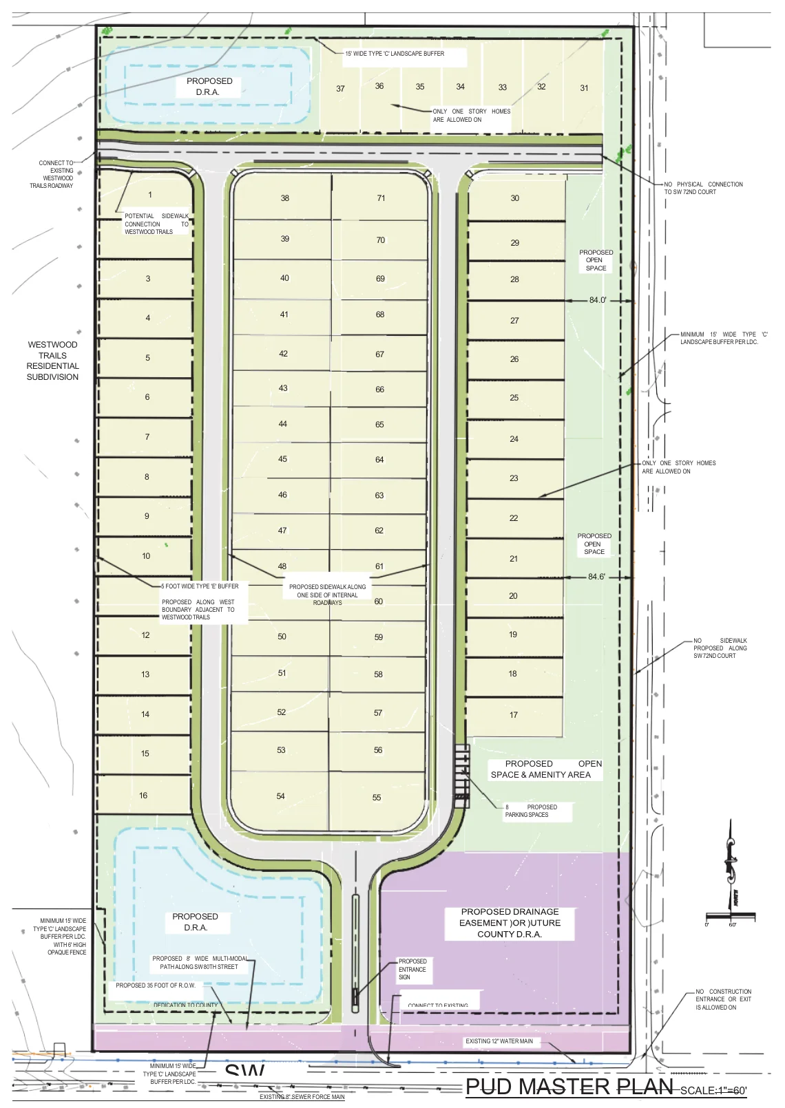 Capozzoli Hills site plan showing 71 lots, a loop road off SW 80th Street, stormwater ponds and open space