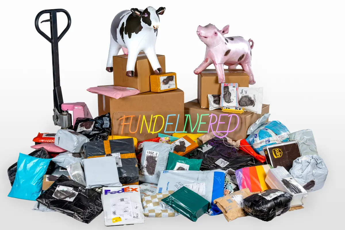 Piles of unopened shipping packages and mystery boxes under a colorful FUNDELIVERED sign, with an inflatable cow and pig on stacked boxes