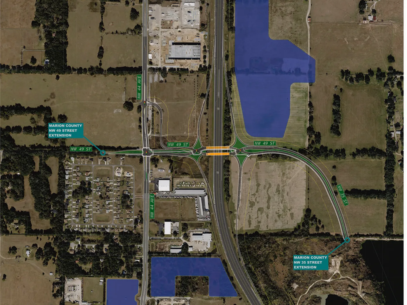 FDOT aerial design plan of the I-75 at NW 49th Street diverging diamond interchange in Ocala, showing the new bridge and the Marion County NW 49th Street and NW 35th Street extensions