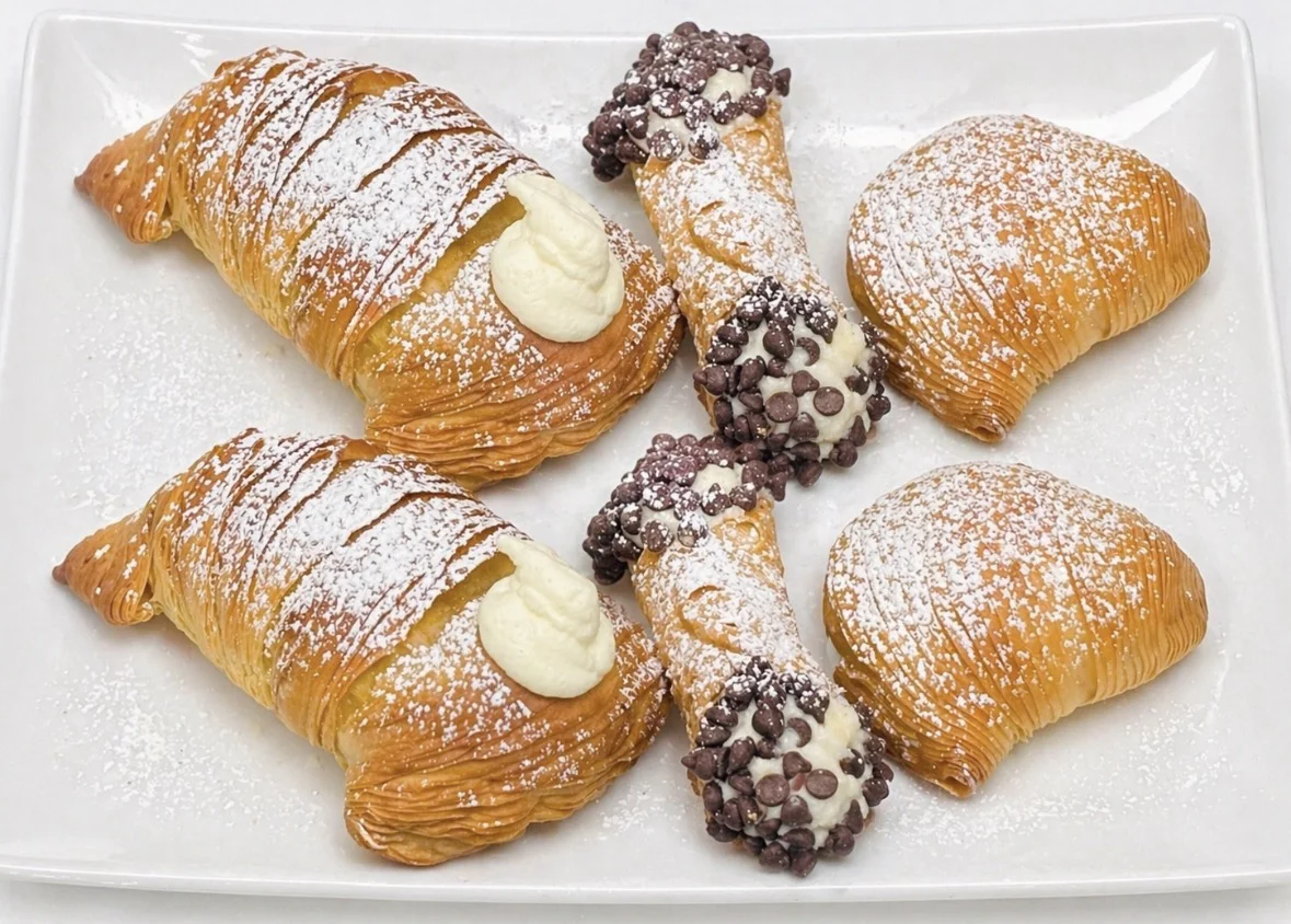 A plate of sfogliatelle and chocolate-chip cannoli dusted with powdered sugar from La Dolce Vita in Ocala