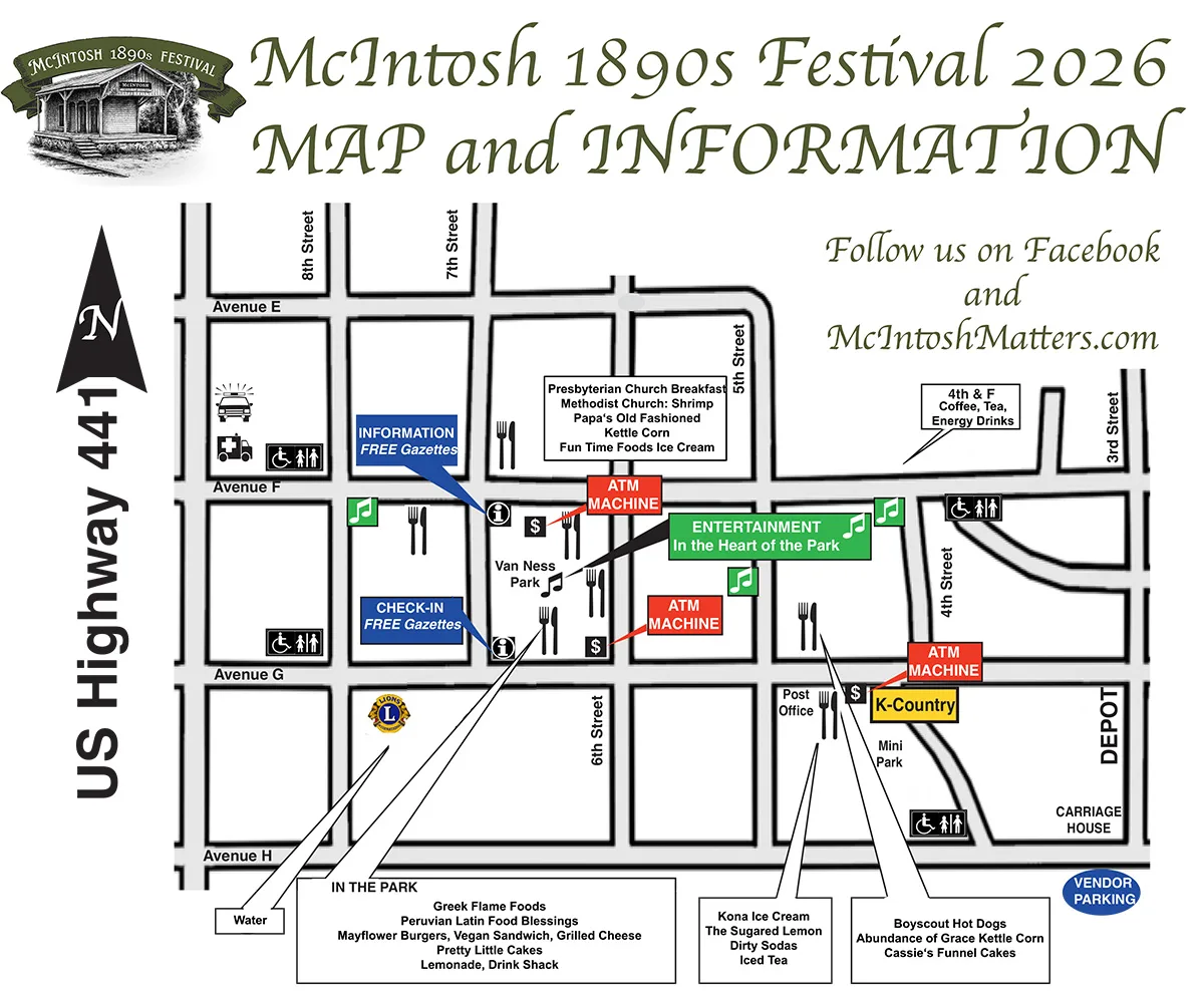 Official 2026 McIntosh 1890s Festival map showing vendor areas around Van Ness Park, Avenue F, Avenue G and 4th through 8th Streets in McIntosh, Florida