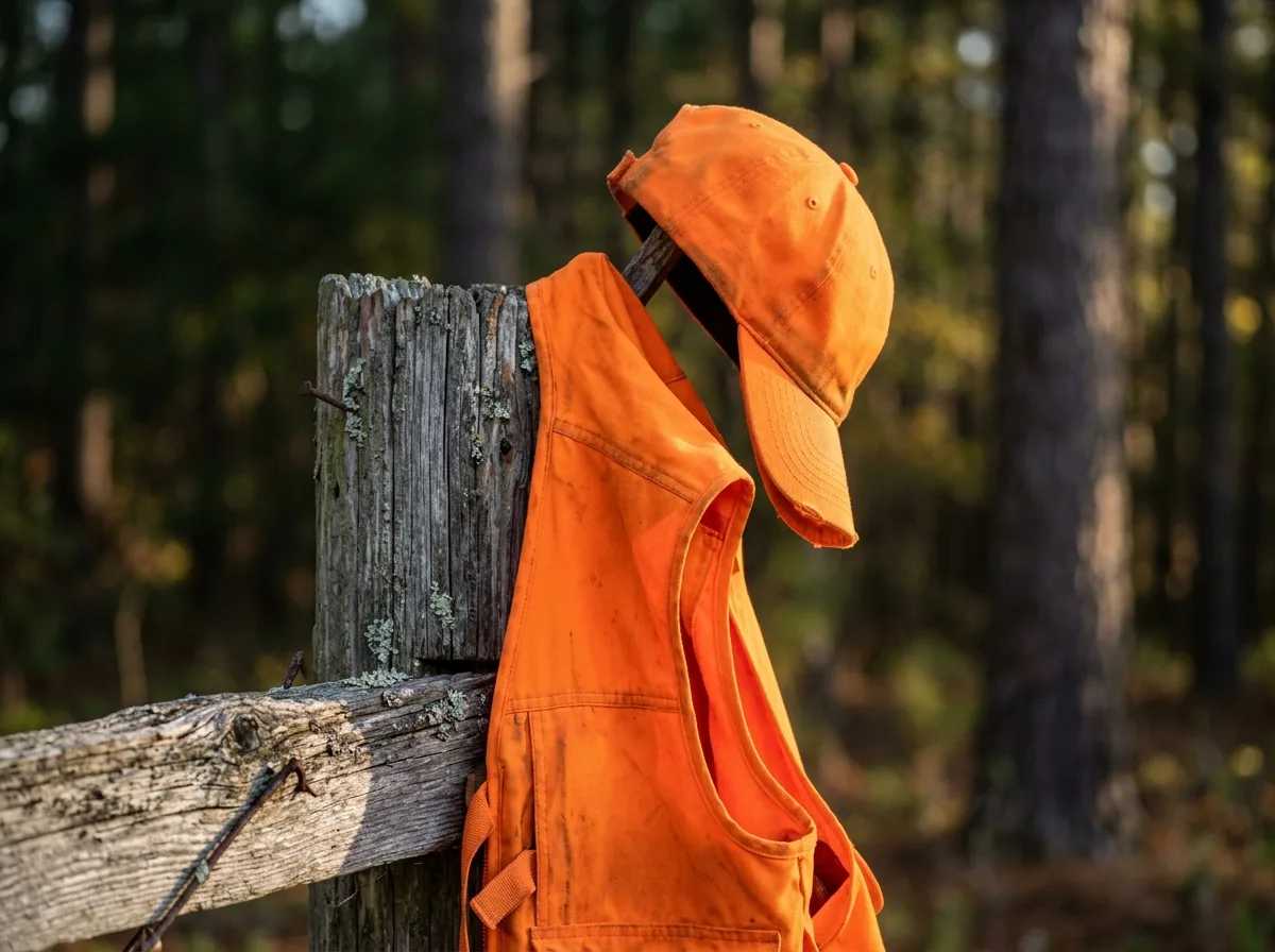 Close-up of a blaze orange hunting vest and cap