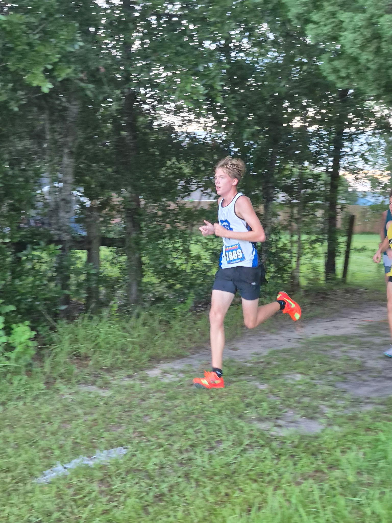 A Belleview runner on a wooded stretch of the course during the varsity boys' 5K at the 2026 Buchholz Bobcats Classic